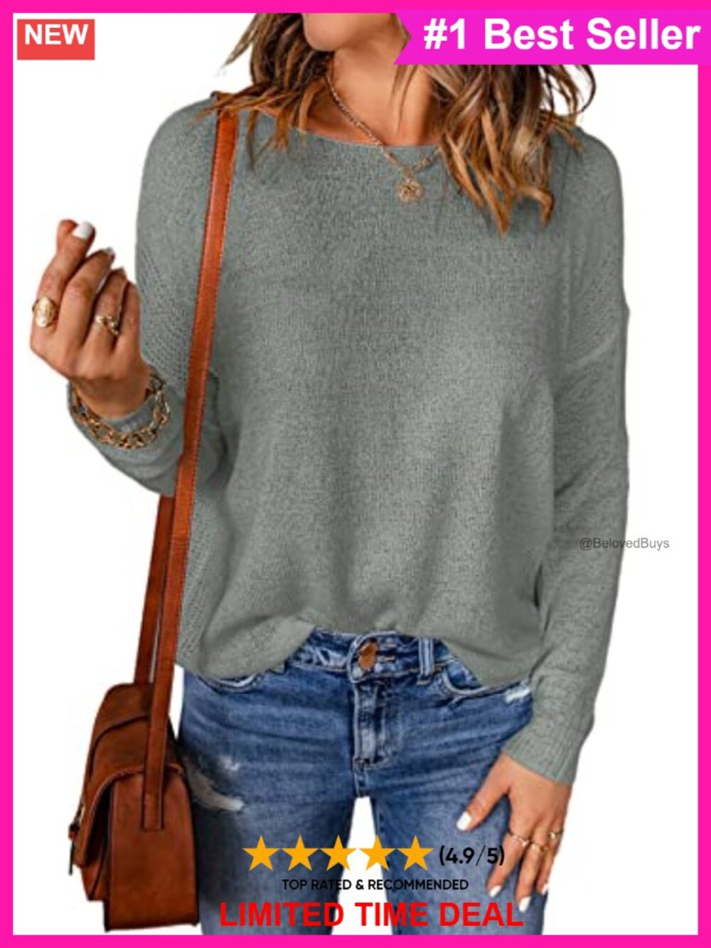 Women's Lightweight Long Sleeve Crewneck Knit Top Loose Fit Pullover Shirt